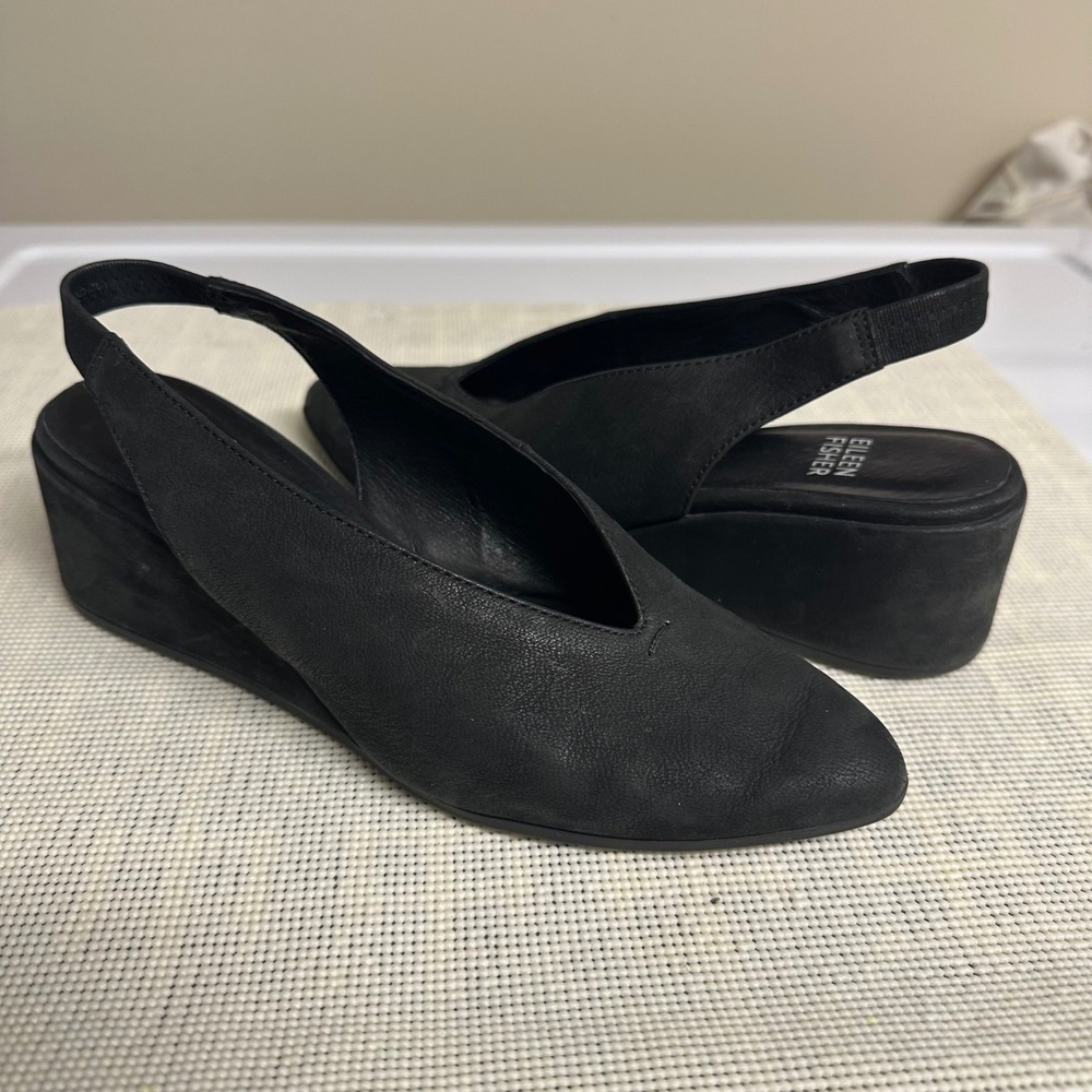 Eileen Fisher Black Devi Tumbled Nubuck Leather Slingback Heeled Pumps sz 6.5